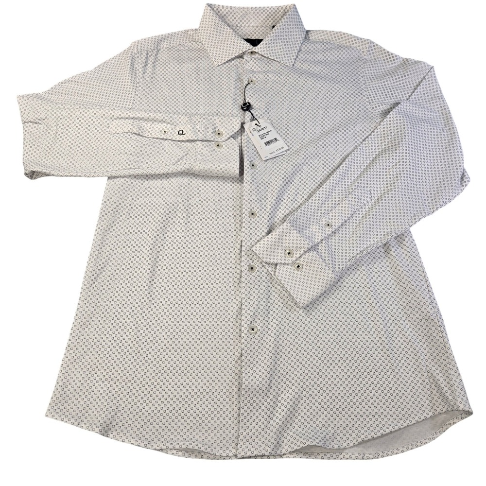Quieti Nova Stretch Mens Button Down Shirt White Geometric Print QF24-27 Size M